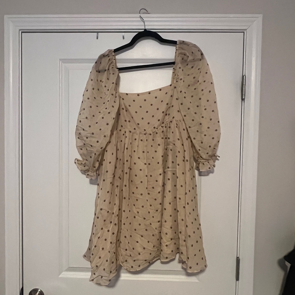 Beige Polka Dot Puff Sleeve Dress